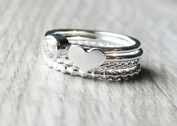 Heart ring • Sterling Silver Ring • Cubic zirconia Birthstone Ring • Silver stacking rings set • Heart Stacking Ring • CZ Tiny Heart Ring
