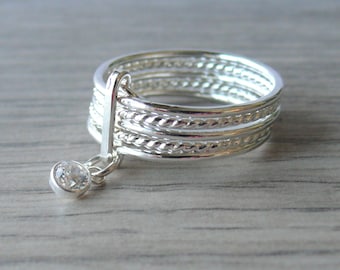 Cubic zirconia dangle charm ring sterling silver dangle ring Attached sterling silver stacking rings set sterling silver ring anxiety ring