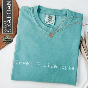 May include: A seafoam green short-sleeved t-shirt with a crew neckline and the text level 2 lifestyle printed in white across the chest. The shirt features a Comfort Colors brand label at the inner neck and a thin gold-toned chain necklace.