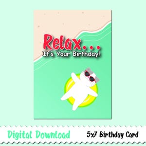 Printable Birthday Card - 5x7 Card Size - Cute Cat Relaxing At The Beach - Digital Download