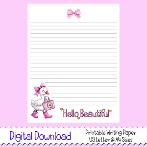Druckbares Schreibpapier-Hallo schön-niedliche Gänse Themed linierte und unlinierte Seiten-US Letter und A4 Größen-Digitaler Download