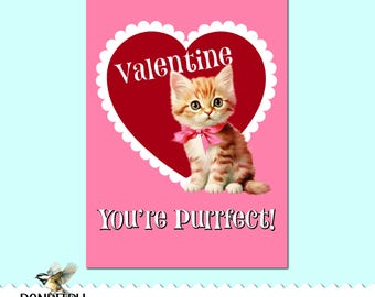 Druckbare Grußkarte - 13x18 Größe - Purrfect Valentine - Retro Karte