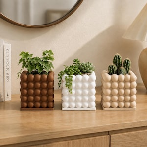 Puede incluir: Tres macetas cuadradas con un diseño de burbujas, cada una con diferentes plantas. Las macetas son marrones, blancas y beige. La maceta marrón contiene una planta verde frondosa, la blanca tiene suculentas y la beige cactus.