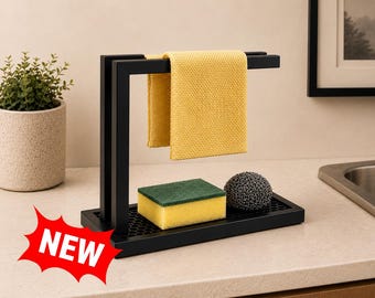 Organizador de fregadero de cocina / Organizador moderno para fregadero con soporte para toallas / Soporte para esponjas y bandeja de drenaje / Organizador minimalista para encimera