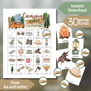 Jeu de bingo en camping | Bingo d'été | Jeu Party de camping | Soirée de jeux en famille | Bingo pour parents | Activité de plein air | Téléchargement instantané