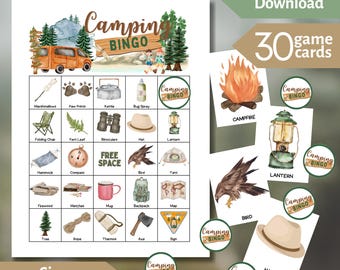 Jeu de bingo en camping : 30 cartes uniques, soirée de jeux en famille (téléchargement instantané)