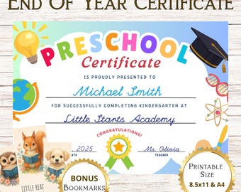 Certificat de fin d'études préscolaire imprimable : PDF à remplir (format US Letter et A4)