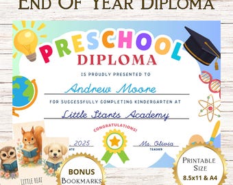 Diplôme de fin d'études préscolaires : certificat imprimable et signet (téléchargement PDF