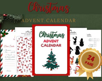 Calendrier de l'Avent de Noël à imprimer | Ensemble d'activités amusantes des Fêtes de 24 pages pour enfants (téléchargement PDF)