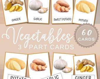 Cartes en 3 parties Légumes Montessori | Téléchargement numérique | Flashcards réalistes de légumes | Activités d'apprentissage préscolaire à la maison