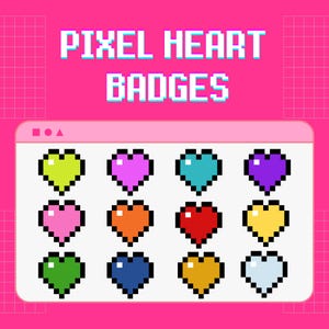 12 Pixel Heart Twitch Badges – Colorful Gamer Sub & Bit Badges – Digital Download