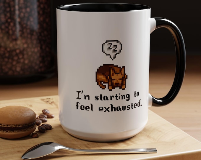 Featured listing image: Stardew Valley 'I'm starting to feel exhausted' Coffee Mug - Cute Sleeping Dog Gamer Cup, 11oz, 15oz - Gift for Gamers, Cozy Mug