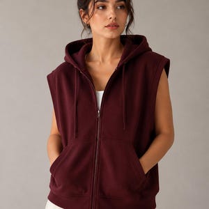 Burgunderrote Fleece-Kapuzenweste, ärmelloser Kapuzenpullover mit Reißverschluss