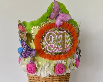 Butterfly Birthday hat - butterfly Birthday Crown, garden party hat, 90th Birthday or customize - Adult or Child