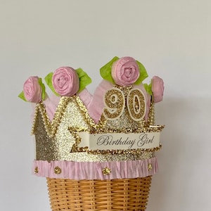 90th Birthday crown, 90th birthday hat, 90th party hat, BIRTHDAY GIRL pink and gold,  90 or customize it, fits any size