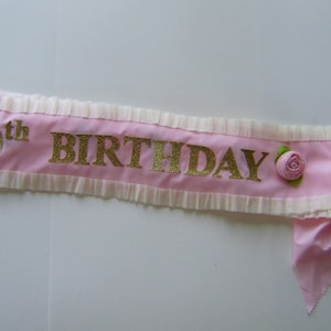 100th Birthday Sash: Pink Cotton, Gold Glitter Letters, Adjustable