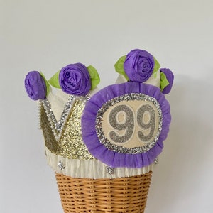 99th Birthday Crown: Glitter Party Hat with Purple Crepe Roses
