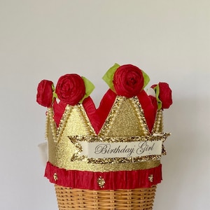 Customizable Gold Glitter Birthday Crown: Red Crepe Paper Roses