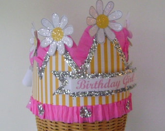 Birthday Hat, Birthday crown, Daisy birthday hat - fits Adult or Child- customize it