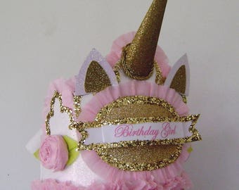 Unicorn Birthday Hat, Unicorn birthday crown, pink and white birthday hat, customize