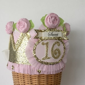 Sweet 16 Birthday Crown: Gold Glitter, Pink Roses, Customizable