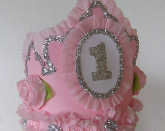 Corona rosa para el primer cumpleaños: sombrero de fiesta con purpurina hecho a mano