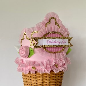 Pink Birthday Crown: Handmade Crepe Paper Ruffles, Gold Glitter