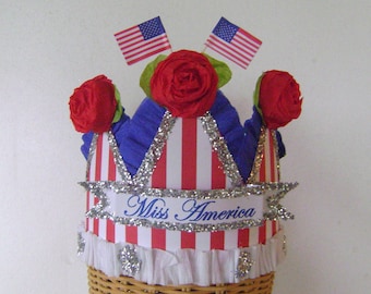 4th of July Hat, 4th of July crown, red white and blue hat, Patriotic hat, fits adult or child- MISS AMERICA or customize it!!