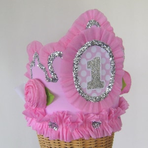 1st Birthday Crown, 1st birthday Hat, pink birthday hat, baby birthday hat, customize with any number or banner
