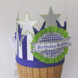 Boy birthday hat, boy birthday crown, birthday hat with stars, fits any size, blue stripe birthday hat, customize it image 1