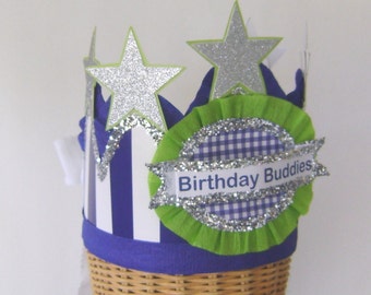 Boy birthday hat, boy birthday crown, birthday hat with stars, fits any size,  blue stripe birthday hat, customize it