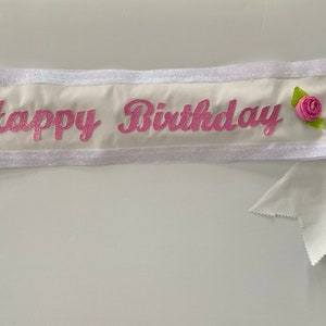 Happy Birthday Sash: Pink Glitter Letters, Adjustable Cotton Sash