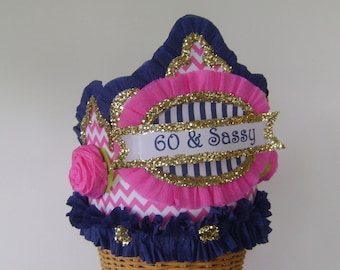 60th Birthday hat, 60th birthday crown, pink and navy birthday hat, custom birthday hat, customize it