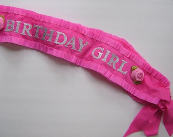 Birthday Girl Sash: Pink Cotton, Silver Glitter Letters, Adjustable
