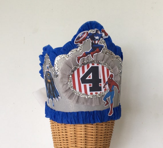 superhero Birthday hat, boys 4th birthday Crown, boys birthday hat, birthday hat, cistomize with any number or banner Il_570xn