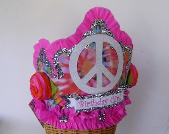 Birthday Crown, Birthday Hat, Tie Dye Birthday Hat, Peace sign birthday hat, hippie birthday hat, fits adult or child, customize it!