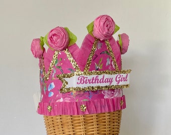 Birthday Hat, Birthday Crown, Pink Floral Birthday Hat, Birthday Girl Hat, fits adult or child, CUSTOMIZE IT!