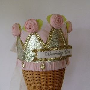 Gold Glitter Birthday Crown: Handmade Pink Floral Party Hat