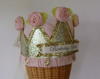 Gold Glitter Birthday Crown: Handmade Pink Floral Party Hat