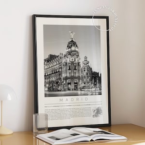 Póster de la ciudad minimalista de Madrid, impresión en blanco y negro de España, arte mural de edificios Metrópolis, fotografía de arquitectura europea, descarga digital