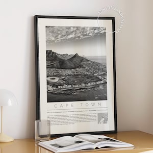 Cape Town Black and White Print, South Africa Mountain & Coast Wall Art, Table Mountain Digital Travel Print
