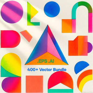 Pode incluir: Uma coleção de formas geométricas coloridas, incluindo círculos, triângulos e arcos, em tons de rosa, azul, laranja e verde. O texto ".EPS .AI" e "400+ Vector Bundle" também estão presentes.
