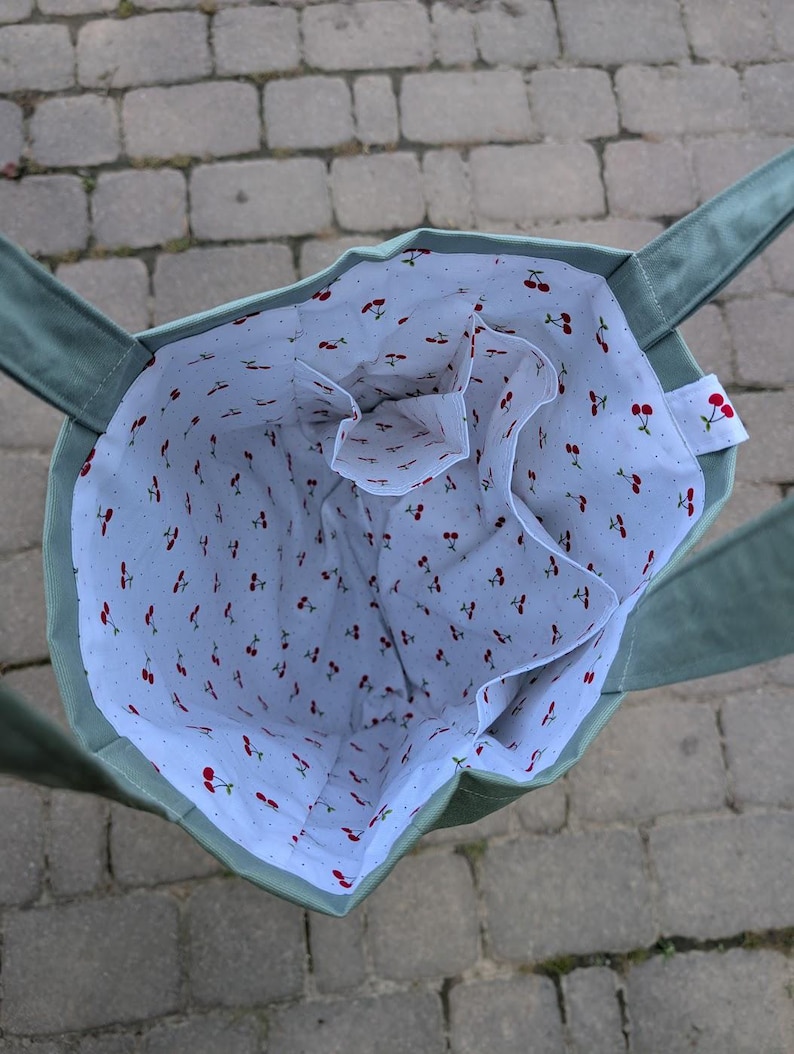May include: A sage green tote bag with an open top and two shoulder straps. The interior is lined with white fabric featuring a repeating pattern of small red cherries and tiny black dots. The bag includes an internal pocket compartment.