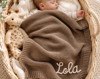 Couverture bébé personnalisée avec prénom, jeté en coton bio brodé à la main, souvenir de naissance, cadeau de naissance