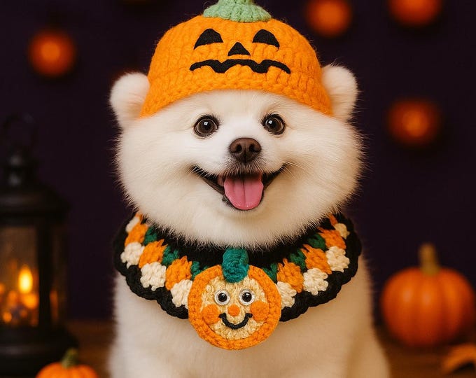 Halloween Pet Knit Hat, Knitted Dog and Cat Scarf, Halloween Pet Outfit, Knitted Pumpkin or Ghost Costume, Holiday Pet Accessories Gift