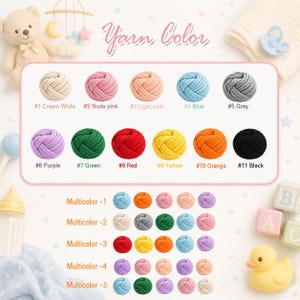 May include: A colour chart titled Yarn Color displaying eleven numbered yarn balls in cream white, nude pink, light pink, blue, grey, purple, green, red, yellow, orange, and black, followed by five rows of multicolour yarn ball combinations.