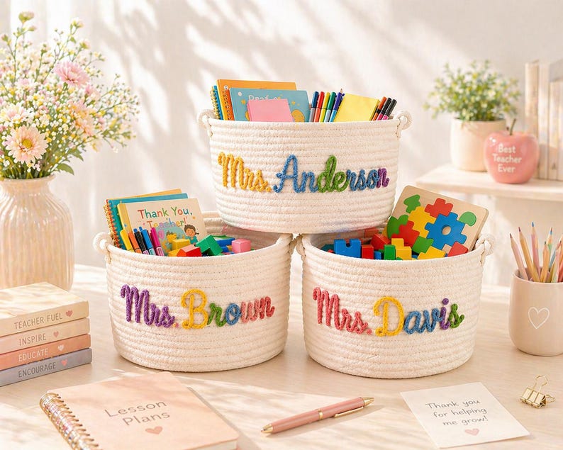 May include: Three round white woven rope storage baskets with handles, each personalised with colourful embroidered names: Mrs. Anderson, Mrs. Brown, and Mrs. Davis. The baskets are filled with various school supplies, including colourful books, markers, and blocks.