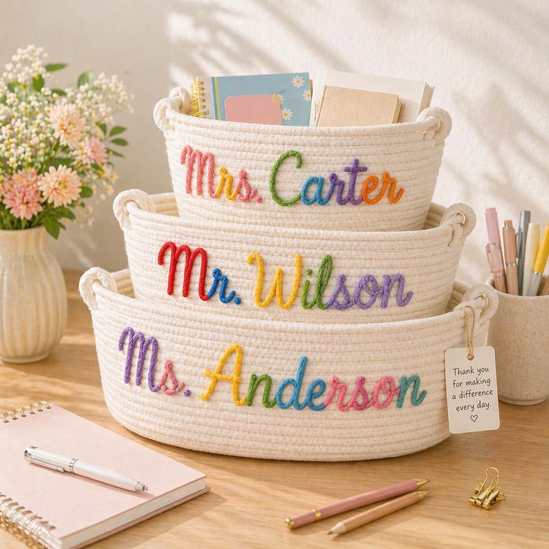 May include: A set of three stacked off-white woven rope baskets with handles. Each basket features colourful embroidered text: Mrs. Carter, Mr. Wilson, and Ms. Anderson. A small white tag attached to the bottom basket reads, Thank you for making a difference every day.