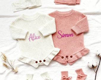 Set di tutine personalizzate con nome per neonato, vestito ricamato per neonato con cappello e scarpine, regalo personalizzato per neonati, baby shower o primo compleanno.