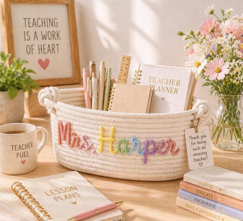 May include: An oval-shaped white cotton rope basket featuring the name Mrs. Harper embroidered in colourful yarn on the front. The basket contains various pens, a wooden ruler, and two notebooks. A white gift tag attached to the side reads Thank you for being such an amazing teacher!